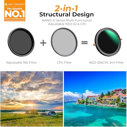 K&F CONCEPT 67mm Variable Fader ND2-32 ND Filter and CPL Circular Polarizing Lens Filter in 1 for Camera Lens Waterproof Neutral Density Polarizer Filter (Nano-D Series) - Image 2